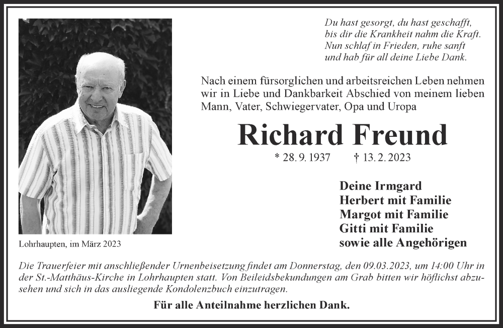  Traueranzeige für Richard Freund vom 04.03.2023 aus Gelnhäuser Neue Zeitung