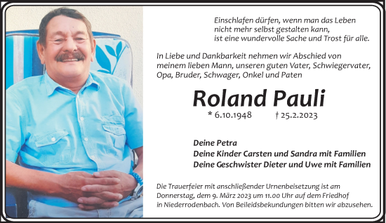 Traueranzeige von Roland Pauli von Gelnhäuser Neue Zeitung