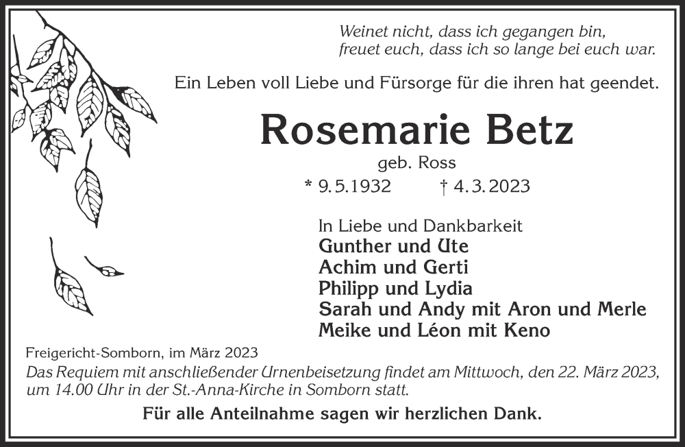  Traueranzeige für Rosemarie Betz vom 18.03.2023 aus Gelnhäuser Neue Zeitung