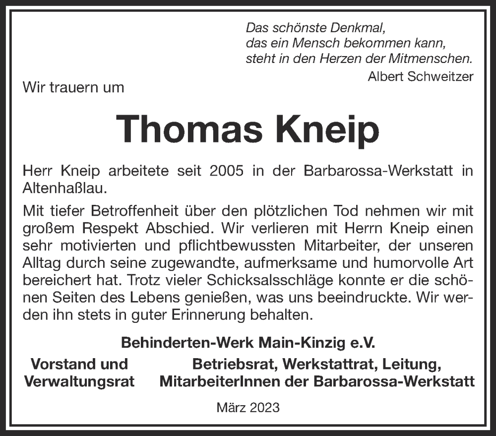  Traueranzeige für Thomas Kneip vom 11.03.2023 aus Mittelhessen-Bote