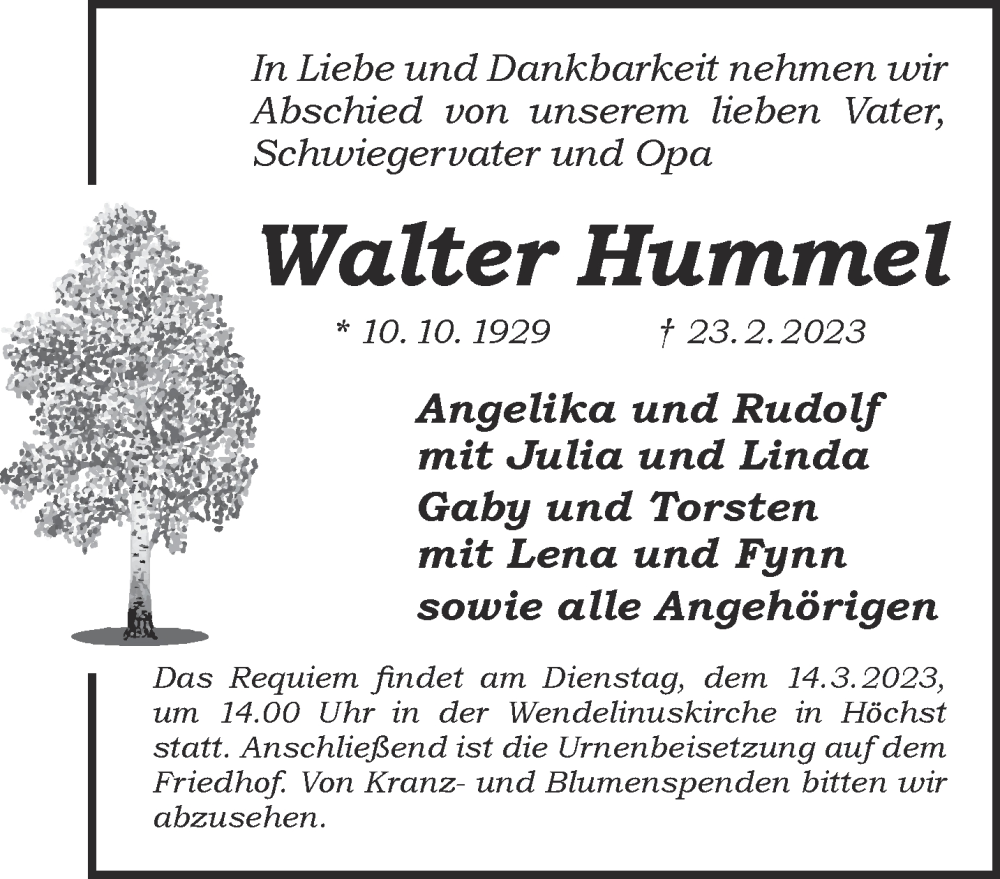  Traueranzeige für Walter Hummel vom 11.03.2023 aus Gelnhäuser Neue Zeitung