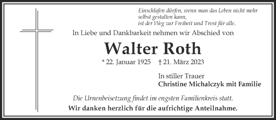 Traueranzeige von Walter Roth von Gelnhäuser Neue Zeitung