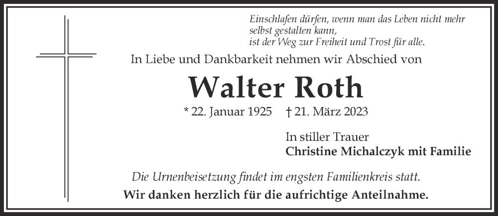  Traueranzeige für Walter Roth vom 01.04.2023 aus Gelnhäuser Neue Zeitung