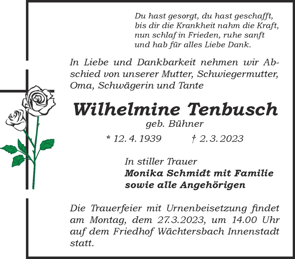  Traueranzeige für Wilhelmine Tenbusch vom 18.03.2023 aus Mittelhessen-Bote