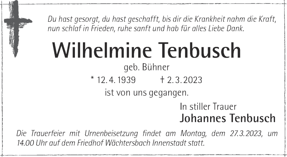  Traueranzeige für Wilhelmine Tenbusch vom 25.03.2023 aus Mittelhessen-Bote