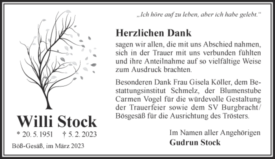 Traueranzeige von Willi Stock von Gelnhäuser Neue Zeitung