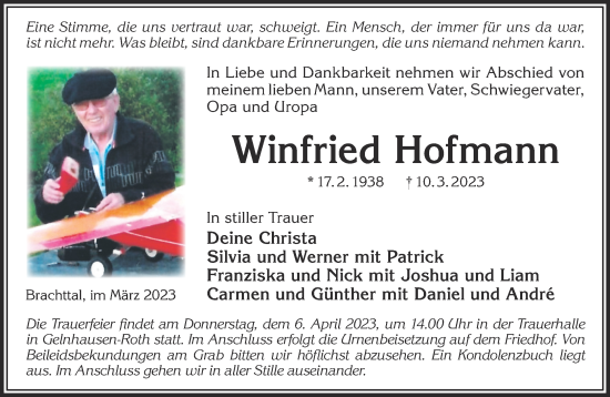 Traueranzeige von Winfried Hofmann von Gelnhäuser Neue Zeitung