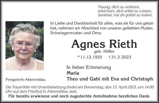 Traueranzeige von Agnes Rieth von Gelnhäuser Neue Zeitung