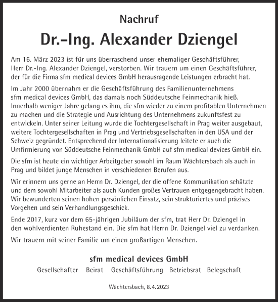 Traueranzeige von Alexander Dziengel von Gelnhäuser Neue Zeitung