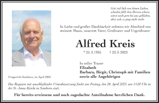 Traueranzeige von Alfred Kreis von Gelnhäuser Neue Zeitung