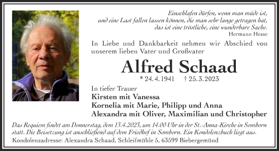 Traueranzeige von Alfred Schaad von Gelnhäuser Neue Zeitung