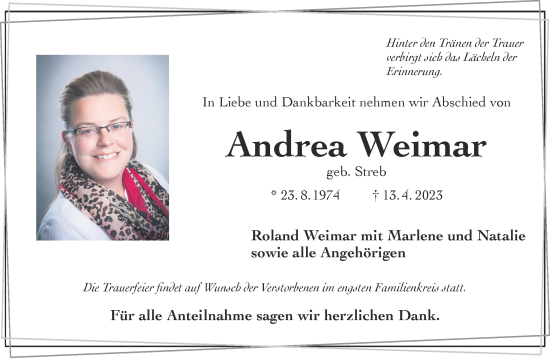 Traueranzeige von Andrea Weimar von Gelnhäuser Neue Zeitung