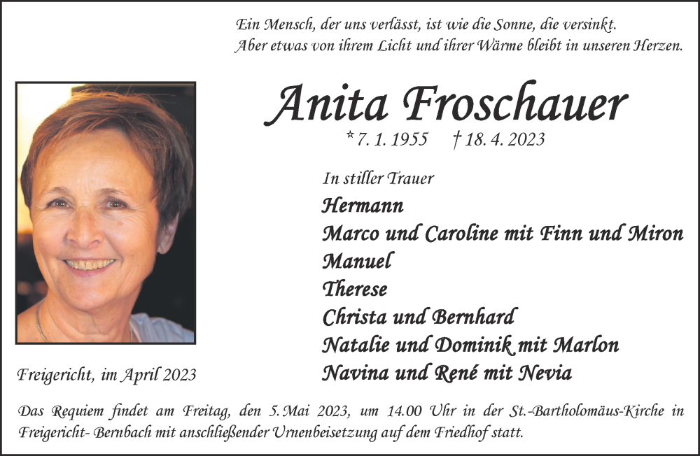  Traueranzeige für Anita Froschauer vom 29.04.2023 aus Gelnhäuser Neue Zeitung