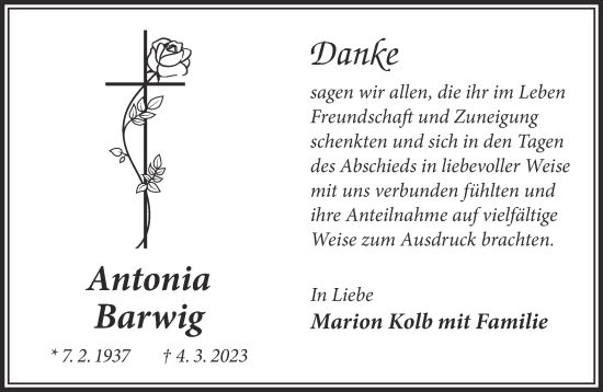 Traueranzeige von Antonia Barwig von Mittelhessen-Bote