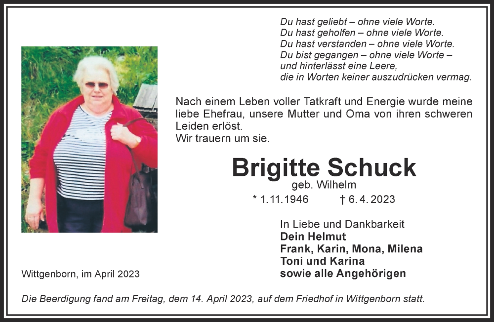  Traueranzeige für Brigitte Schuck vom 15.04.2023 aus Mittelhessen-Bote