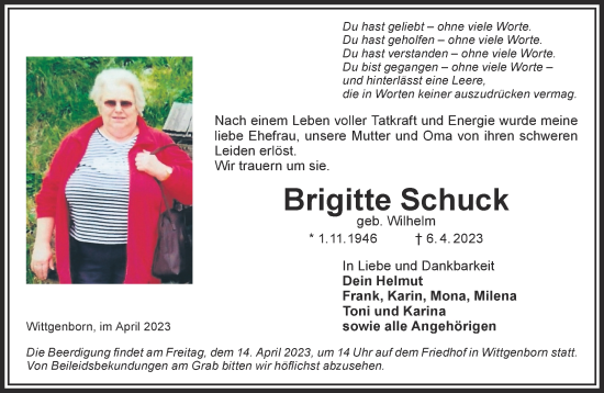 Traueranzeige von Brigitte Schuck von Gelnhäuser Neue Zeitung