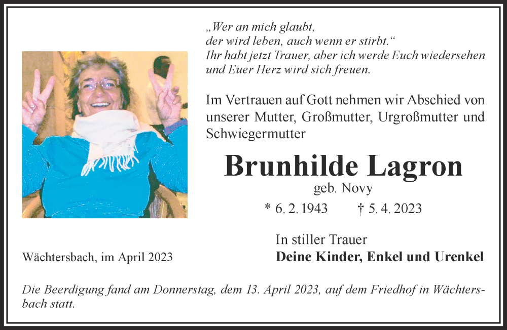  Traueranzeige für Brunhilde Lagron vom 15.04.2023 aus Mittelhessen-Bote