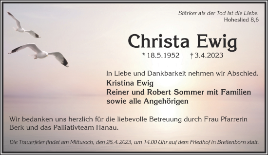 Traueranzeige von Christa Ewig von Gelnhäuser Neue Zeitung