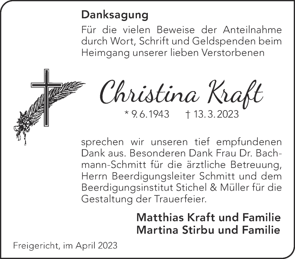  Traueranzeige für Christina Kraft vom 08.04.2023 aus Gelnhäuser Neue Zeitung