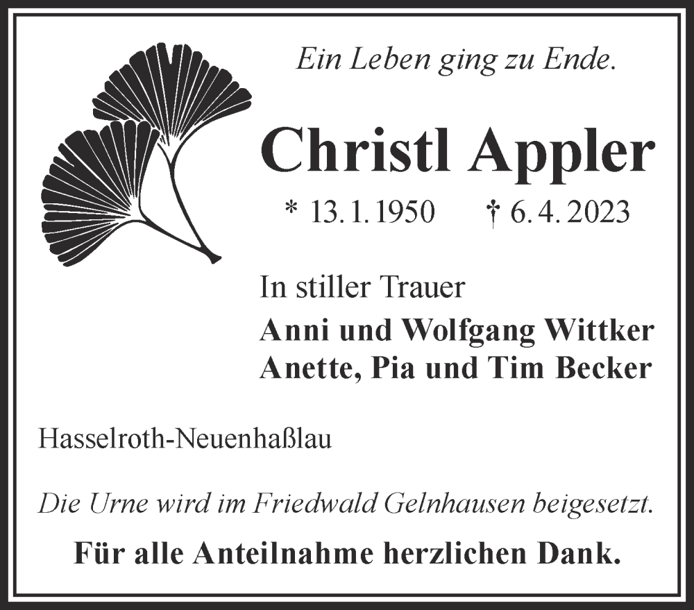  Traueranzeige für Christl Appler vom 22.04.2023 aus Gelnhäuser Neue Zeitung