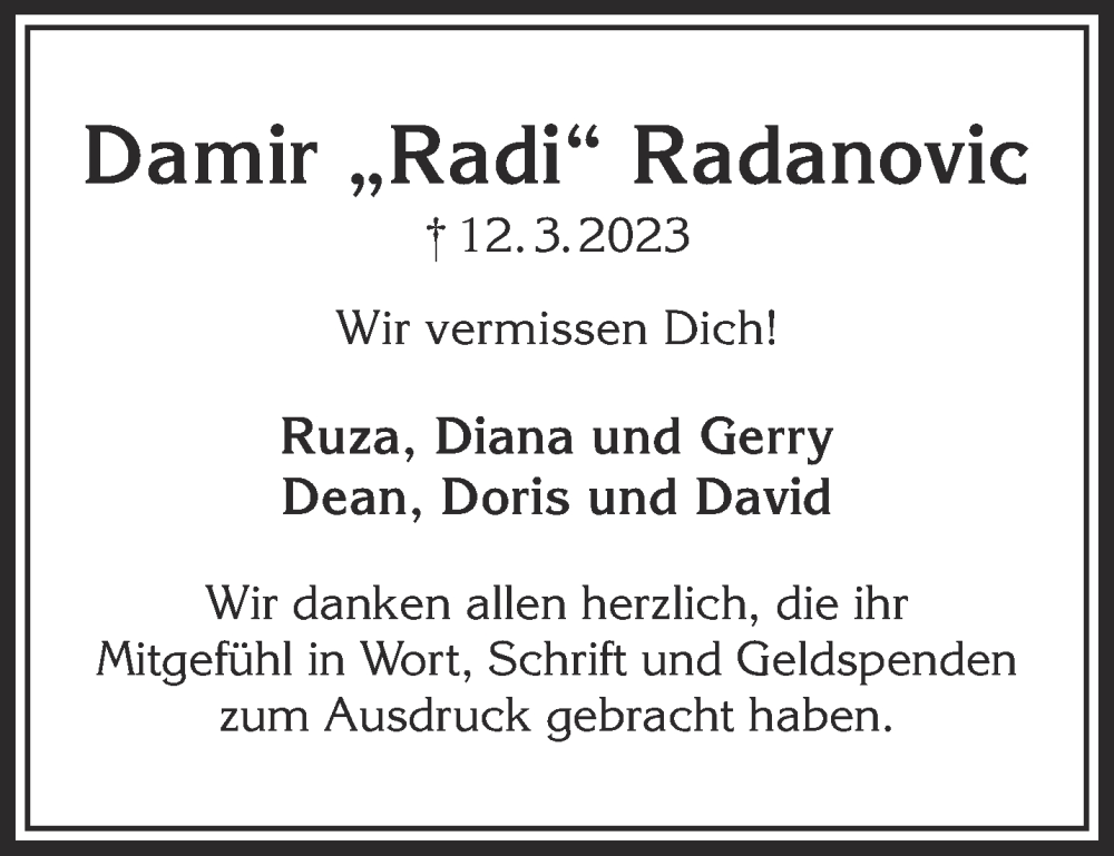  Traueranzeige für Damir Radanovic vom 29.04.2023 aus Gelnhäuser Neue Zeitung