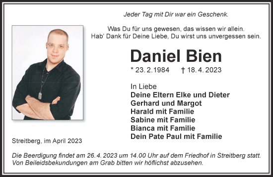 Traueranzeige von Daniel Bien von Gelnhäuser Neue Zeitung
