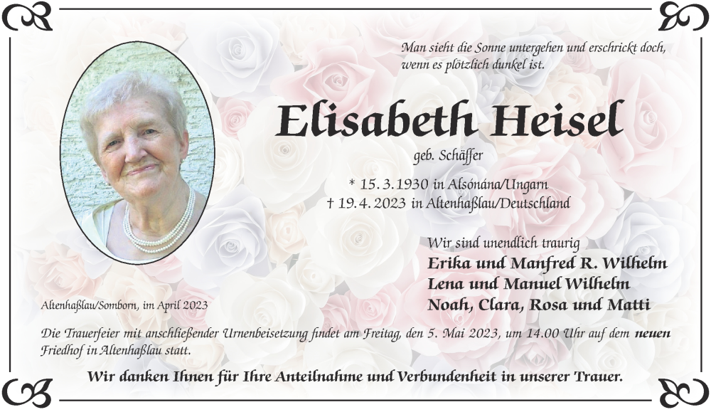  Traueranzeige für Elisabeth Heisel vom 29.04.2023 aus Mittelhessen-Bote