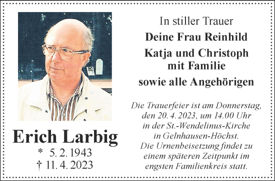 Traueranzeige von Erich Larbig von Gelnhäuser Neue Zeitung