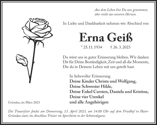 Traueranzeige von Erna Geiß von Gelnhäuser Neue Zeitung