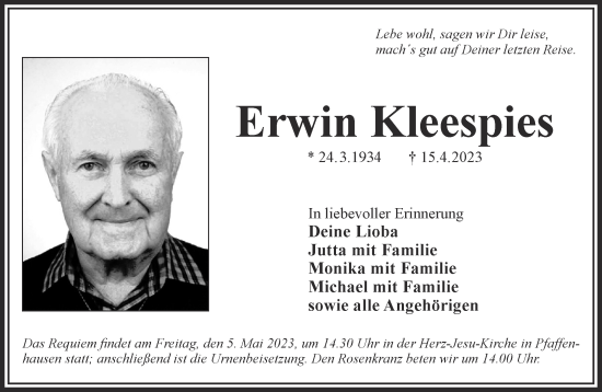 Traueranzeige von Erwin Kleespies von Gelnhäuser Neue Zeitung