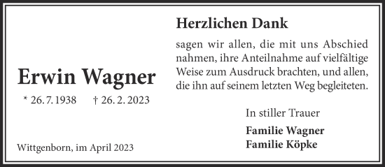 Traueranzeige von Erwin Wagner von Mittelhessen-Bote