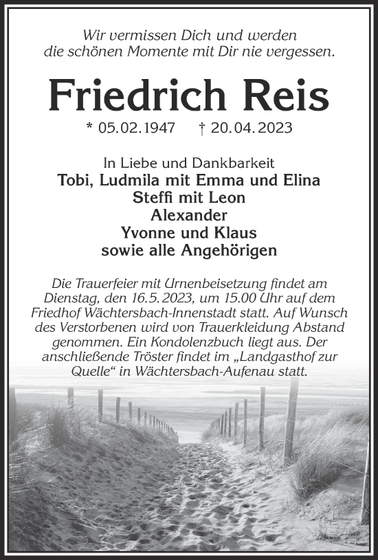 Traueranzeige von Friedrich Reis von Gelnhäuser Neue Zeitung