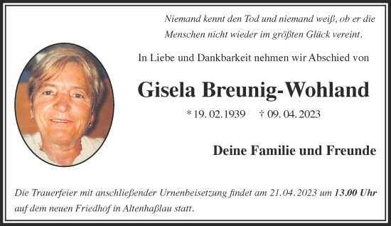 Traueranzeige von Gisela Breuning-Wohland von Gelnhäuser Neue Zeitung