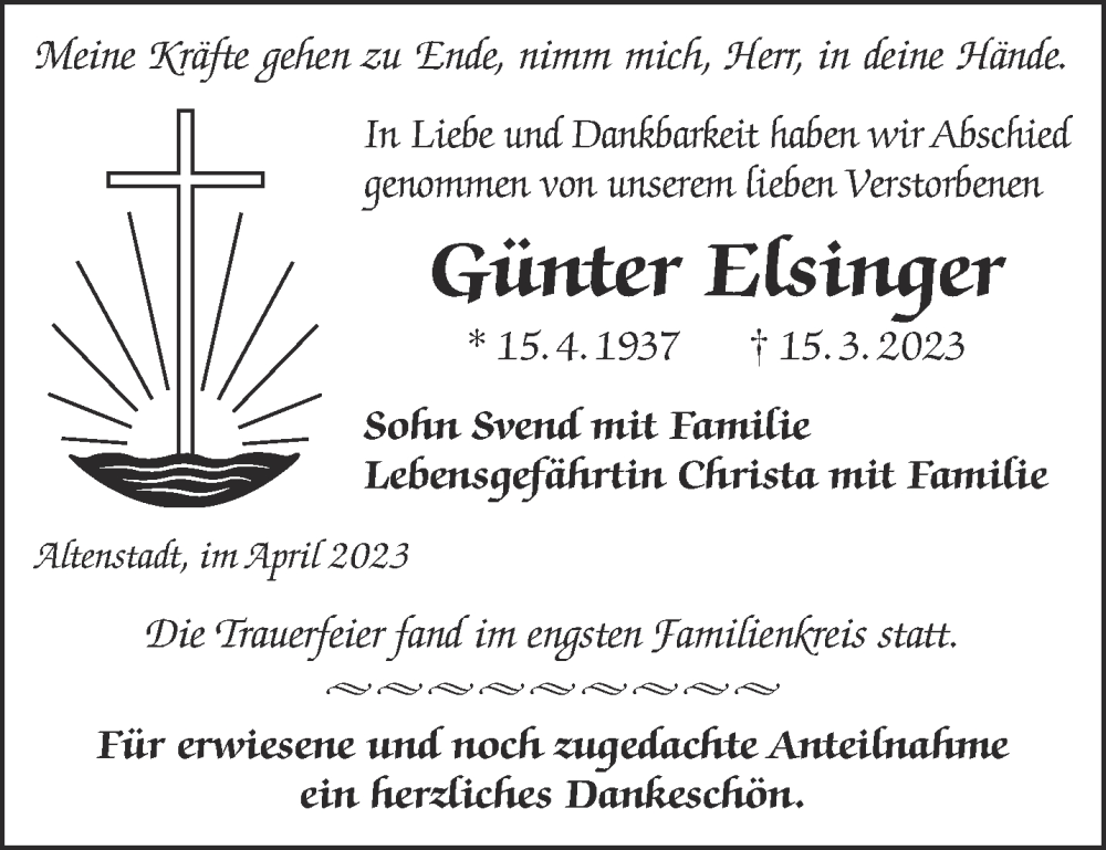  Traueranzeige für Günter Elsinger vom 22.04.2023 aus Mittelhessen-Bote
