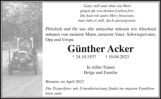 Traueranzeige von Günther Acker von Gelnhäuser Neue Zeitung