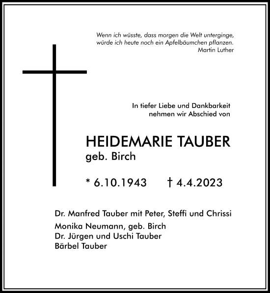 Traueranzeige von Heidemarie Tauber von Gelnhäuser Neue Zeitung