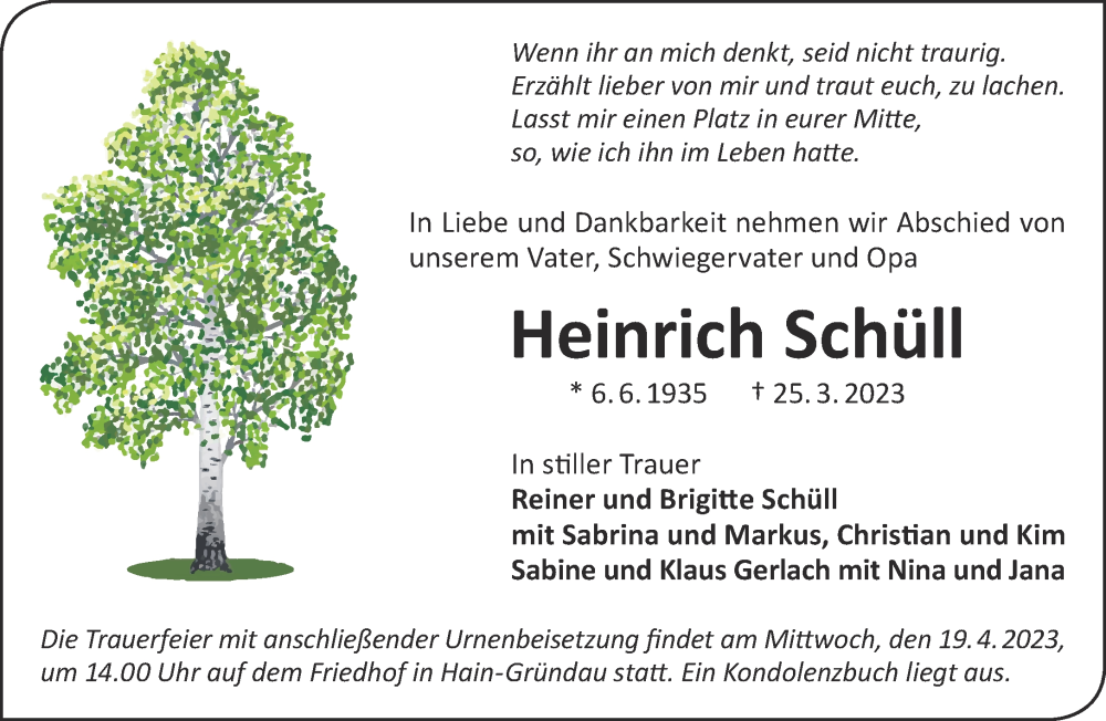  Traueranzeige für Heinrich Schüll vom 08.04.2023 aus Gelnhäuser Neue Zeitung