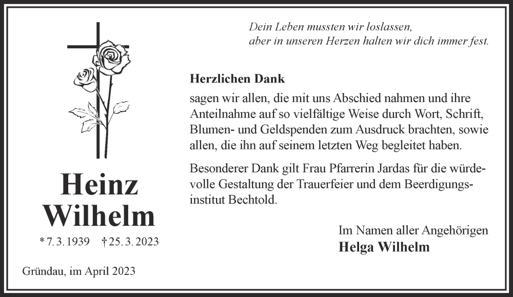  Traueranzeige für Heinz Wilhelm vom 15.04.2023 aus Gelnhäuser Neue Zeitung