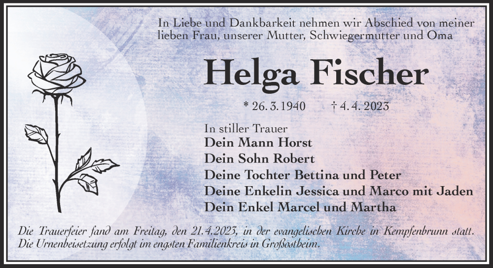  Traueranzeige für Helga Fischer vom 22.04.2023 aus Mittelhessen-Bote