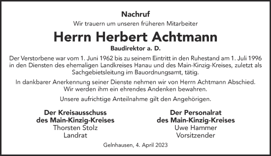 Traueranzeige von Herbert Achtmann von Mittelhessen-Bote