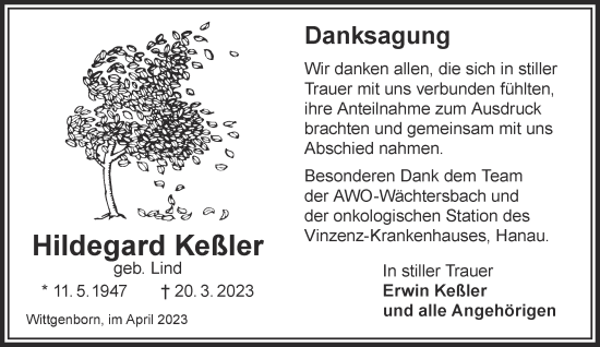 Traueranzeige von Hildegard Keßler von Gelnhäuser Neue Zeitung