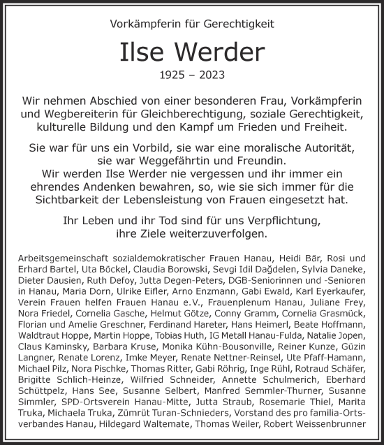 Traueranzeige von Ilse Werder von Mittelhessen-Bote