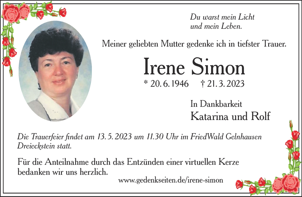  Traueranzeige für Irene Simon vom 15.04.2023 aus Mittelhessen-Bote