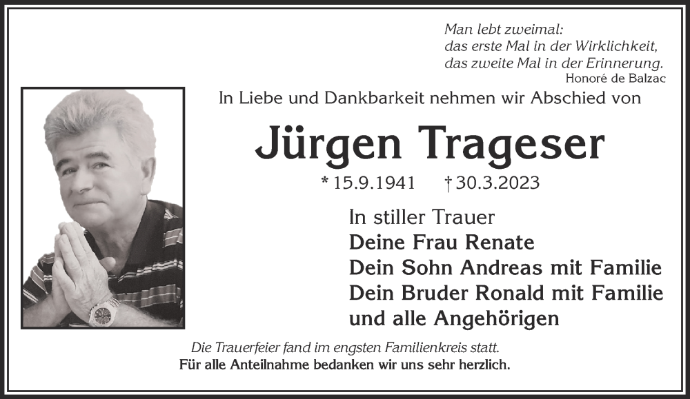  Traueranzeige für Jürgen Trageser vom 15.04.2023 aus Gelnhäuser Neue Zeitung