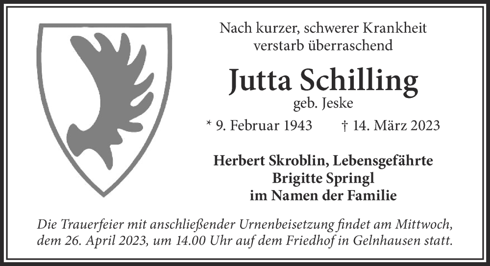  Traueranzeige für Jutta Schilling vom 22.04.2023 aus Gelnhäuser Neue Zeitung
