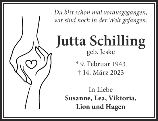 Traueranzeige von Jutta Schilling von Gelnhäuser Neue Zeitung