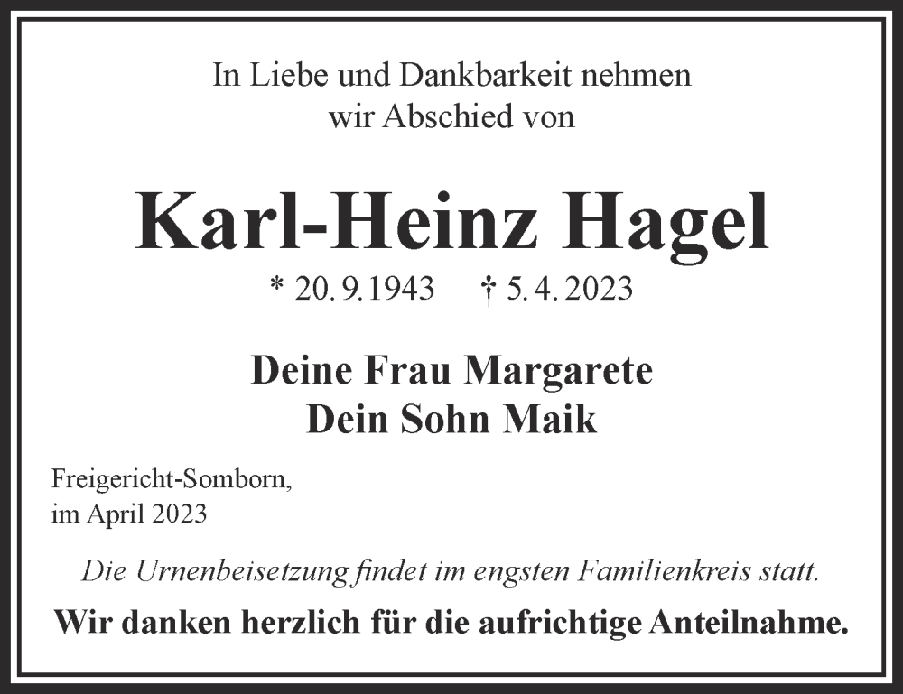  Traueranzeige für Karl-Heinz Hagel vom 22.04.2023 aus Gelnhäuser Neue Zeitung