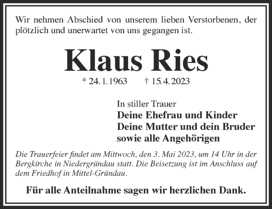 Traueranzeige von Klaus Ries von Gelnhäuser Neue Zeitung