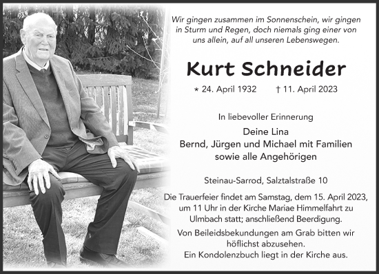 Traueranzeige von Kurt Schneider von Gelnhäuser Neue Zeitung