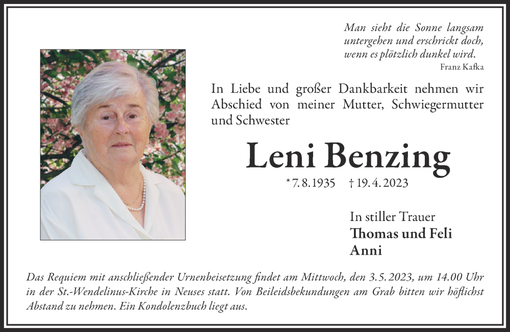  Traueranzeige für Leni Benzing vom 27.04.2023 aus Gelnhäuser Neue Zeitung